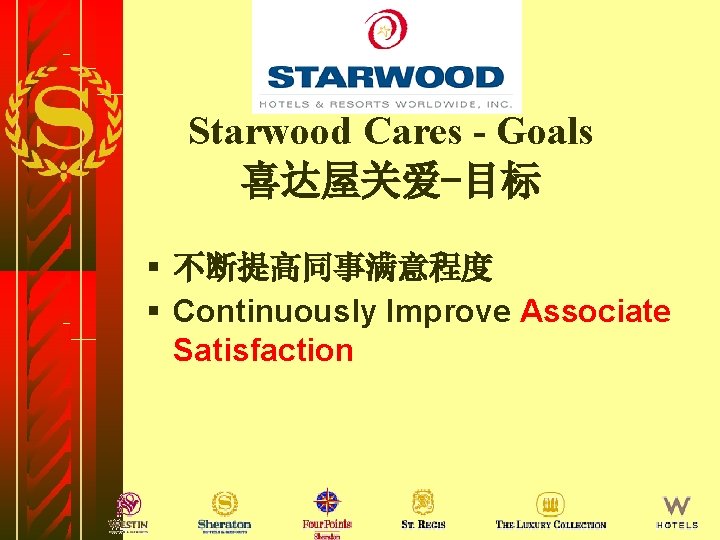 Starwood Cares - Goals 喜达屋关爱-目标 § 不断提高同事满意程度 § Continuously Improve Associate Satisfaction 