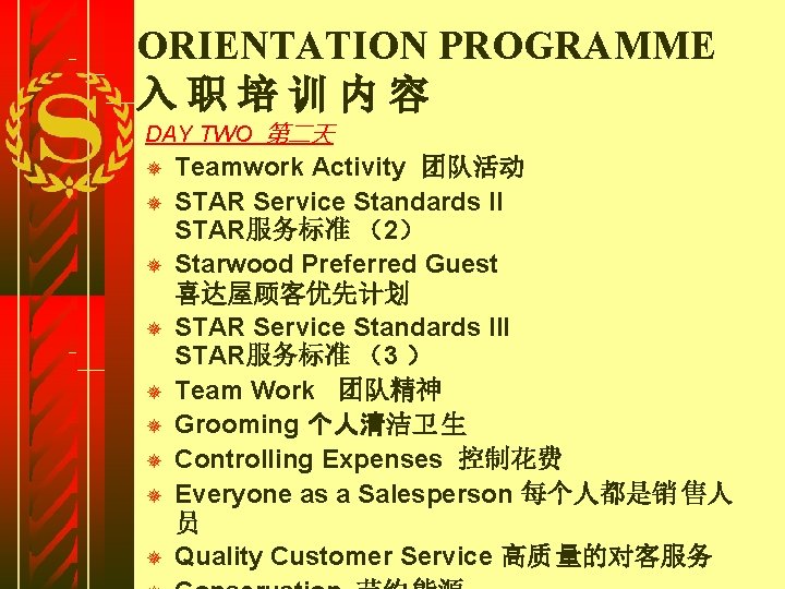 ORIENTATION PROGRAMME 入职培训内容 DAY TWO 第二天 ¯ ¯ ¯ ¯ ¯ Teamwork Activity 团队活动