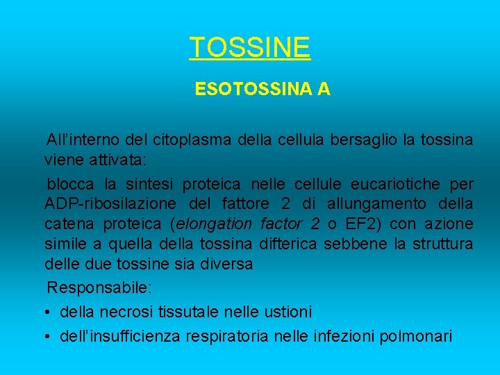TOSSINE ESOTOSSINA A All’interno del citoplasma della cellula bersaglio la tossina viene attivata: blocca