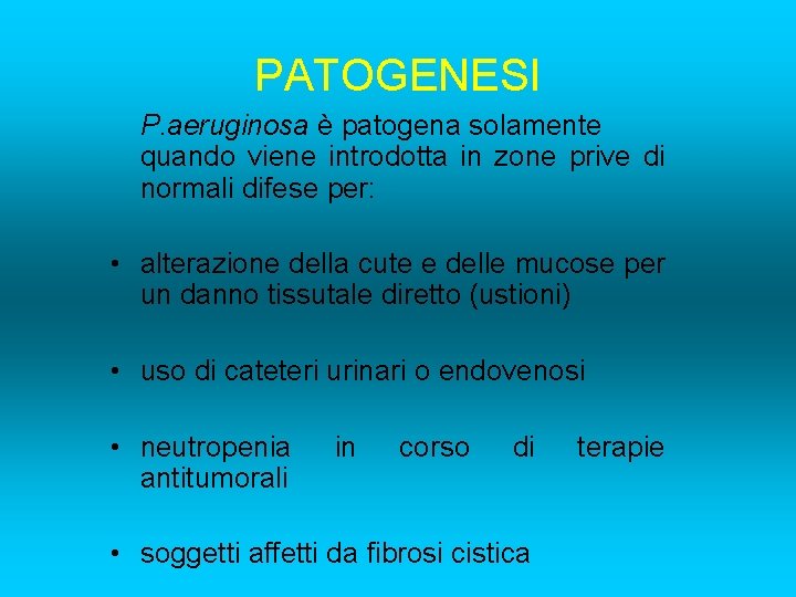 PATOGENESI P. aeruginosa è patogena solamente quando viene introdotta in zone prive di normali