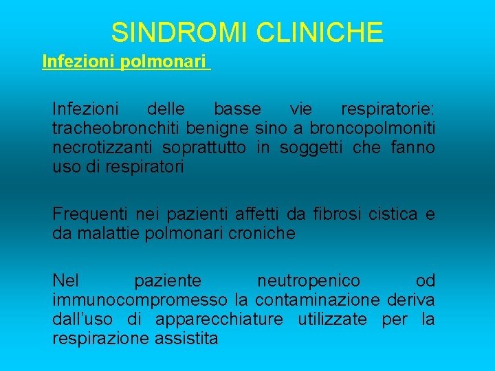 SINDROMI CLINICHE Infezioni polmonari Infezioni delle basse vie respiratorie: tracheobronchiti benigne sino a broncopolmoniti