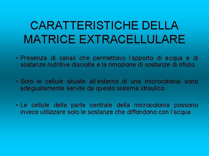 CARATTERISTICHE DELLA MATRICE EXTRACELLULARE • Presenza di canali che permettono l’apporto di acqua e