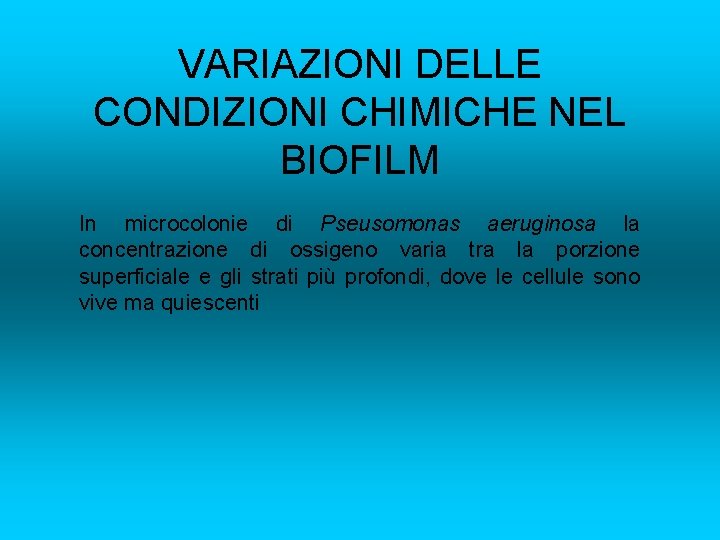 VARIAZIONI DELLE CONDIZIONI CHIMICHE NEL BIOFILM In microcolonie di Pseusomonas aeruginosa la concentrazione di