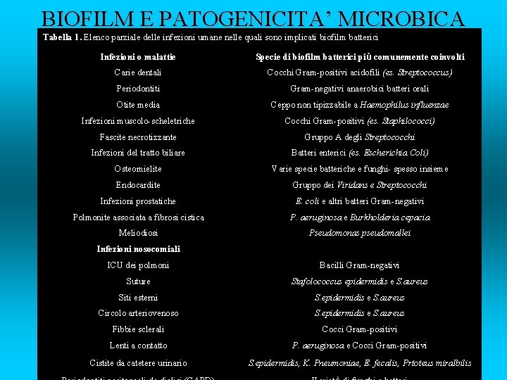 BIOFILM E PATOGENICITA’ MICROBICA Tabella 1. Elenco parziale delle infezioni umane nelle quali sono