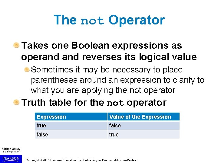 The not Operator Takes one Boolean expressions as operand reverses its logical value Sometimes The not Operator Takes one Boolean expressions as operand reverses its logical value Sometimes