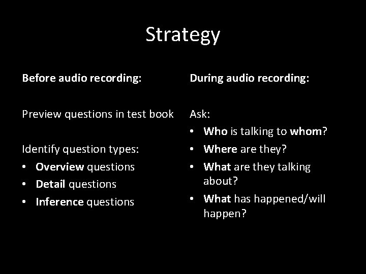 Strategy Before audio recording: During audio recording: Preview questions in test book Ask: •