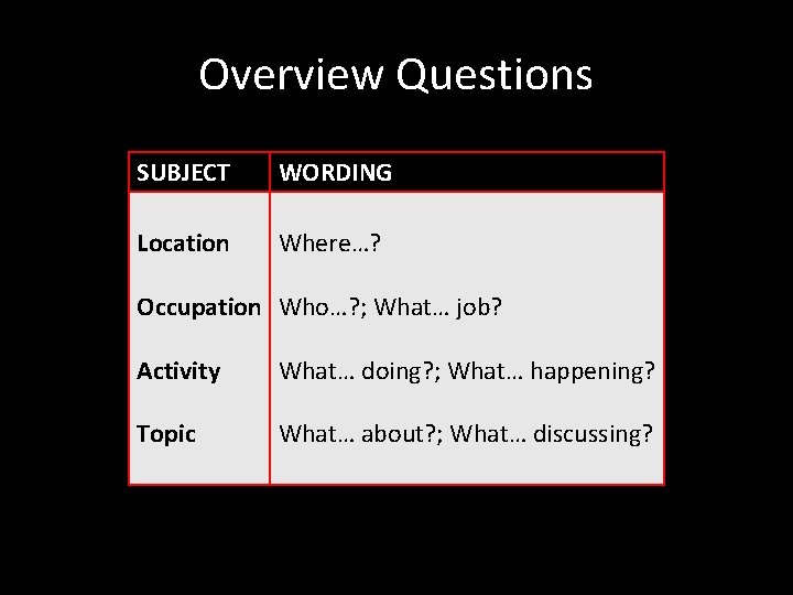 Overview Questions SUBJECT WORDING Location Where…? Occupation Who…? ; What… job? Activity What… doing?