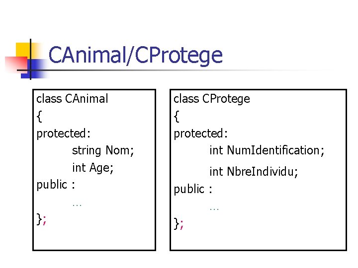 CAnimal/CProtege class CAnimal { protected: string Nom; int Age; public : … }; class