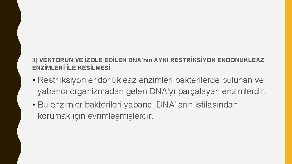 3) VEKTÖRÜN VE İZOLE EDİLEN DNA’nın AYNI RESTRİKSİYON ENDONÜKLEAZ ENZİMLERİ İLE KESİLMESİ • Restriiksiyon