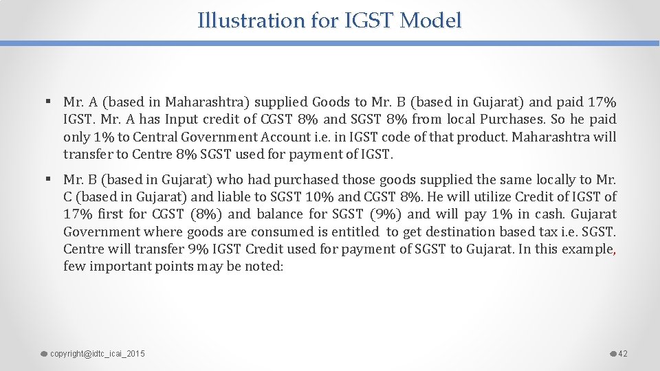 Illustration for IGST Model § Mr. A (based in Maharashtra) supplied Goods to Mr.