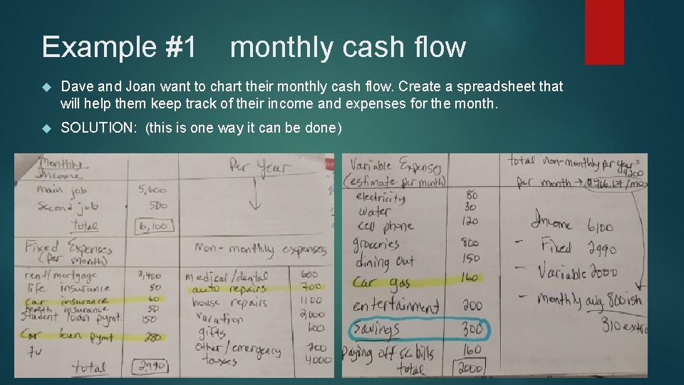 Example #1 monthly cash flow Dave and Joan want to chart their monthly cash