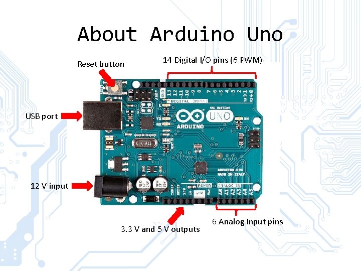 About Arduino Uno Reset button 14 Digital I/O pins (6 PWM) USB port 12 About Arduino Uno Reset button 14 Digital I/O pins (6 PWM) USB port 12