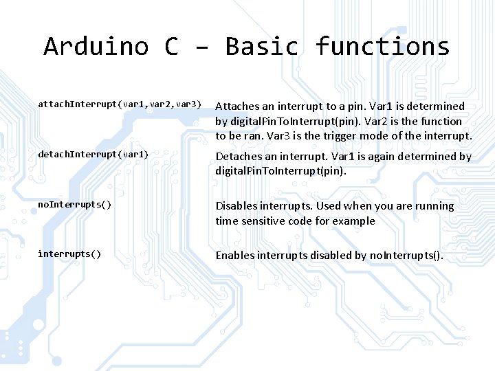 Arduino C – Basic functions attach. Interrupt(var 1, var 2, var 3) Attaches an