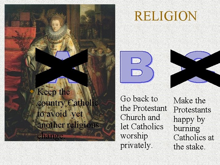 RELIGION w Keep the country Catholic to avoid yet another religious change. Go back