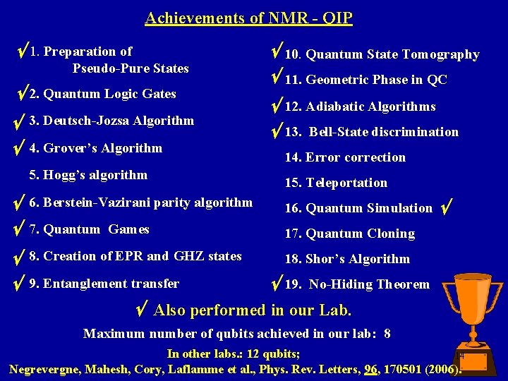 Achievements of NMR - QIP 1. Preparation of Pseudo-Pure States 2. Quantum Logic Gates