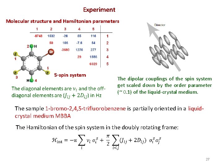 Experiment Molecular structure and Hamiltonian parameters 5 -spin system The dipolar couplings of the