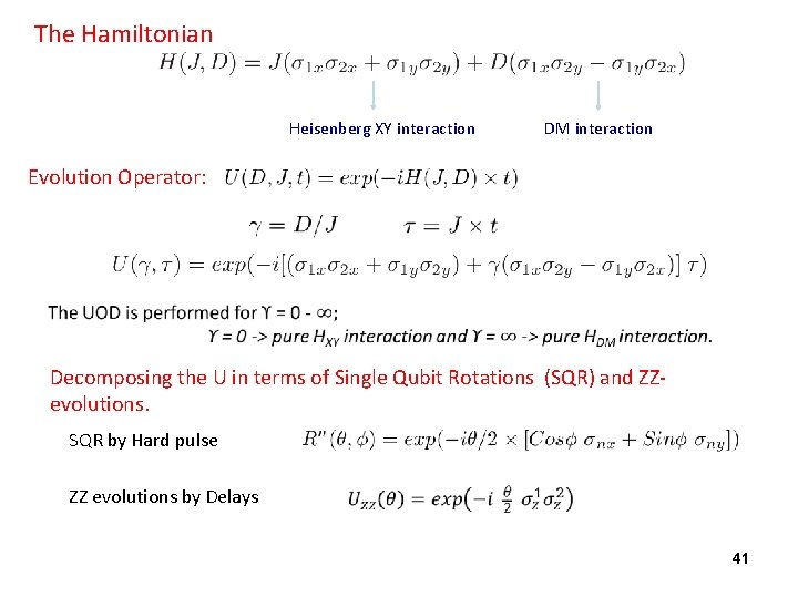 The Hamiltonian Heisenberg XY interaction DM interaction Evolution Operator: Decomposing the U in terms