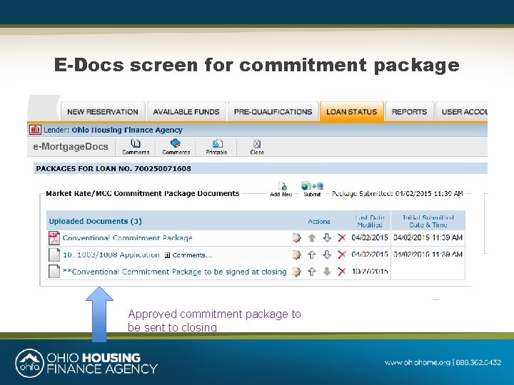 E-Docs screen for commitment package Approved commitment package to be sent to closing 
