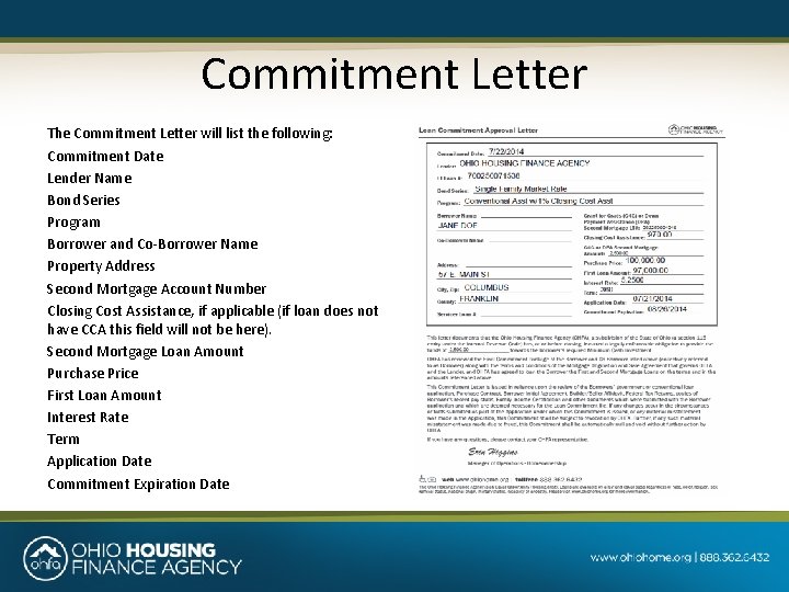 Commitment Letter The Commitment Letter will list the following: Commitment Date Lender Name Bond
