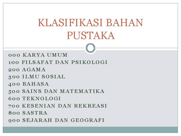 KLASIFIKASI BAHAN PUSTAKA 000 KARYA UMUM 100 FILSAFAT DAN PSIKOLOGI 200 AGAMA 300 ILMU