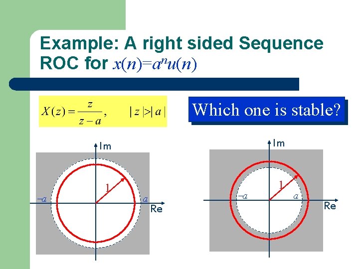 Example: A right sided Sequence ROC for x(n)=anu(n) Which one is stable? a Im