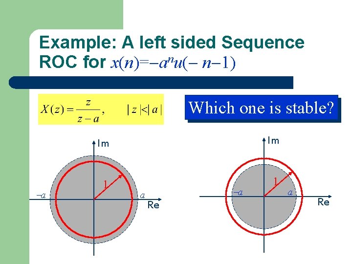 Example: A left sided Sequence ROC for x(n)= anu( n 1) Which one is