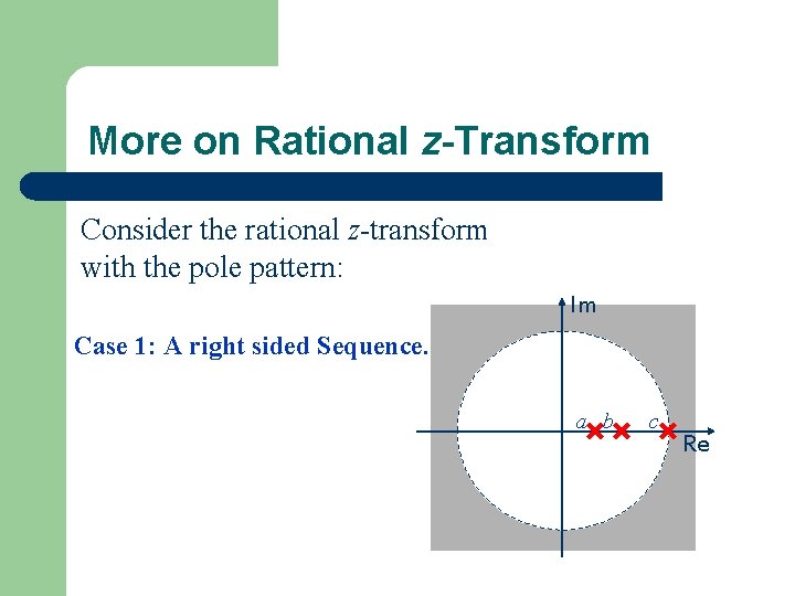 More on Rational z-Transform Consider the rational z-transform with the pole pattern: Im Case