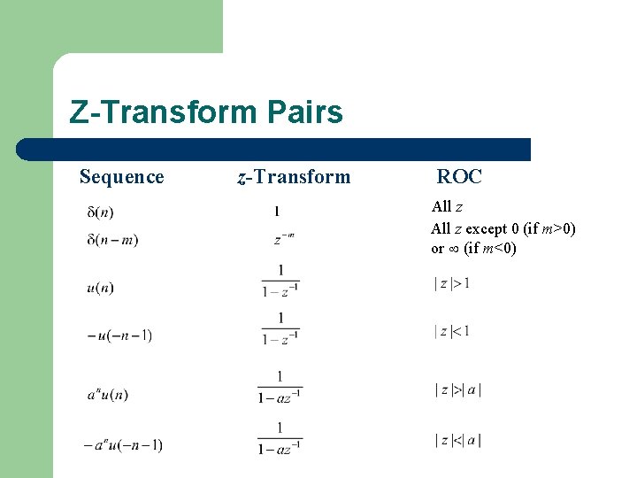 Z-Transform Pairs Sequence z-Transform ROC All z except 0 (if m>0) or (if m<0)