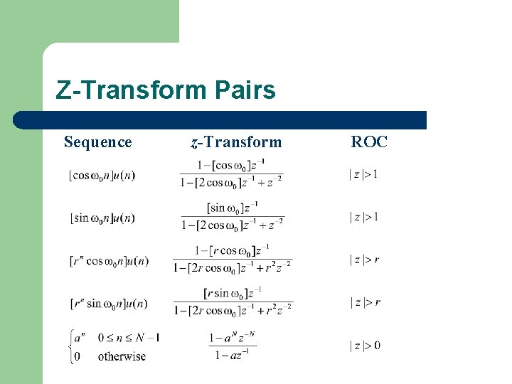 Z-Transform Pairs Sequence z-Transform ROC 