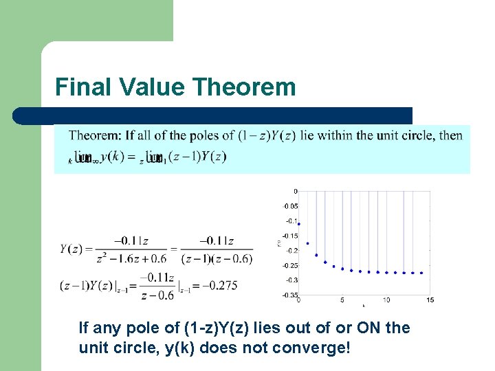 Final Value Theorem If any pole of (1 -z)Y(z) lies out of or ON