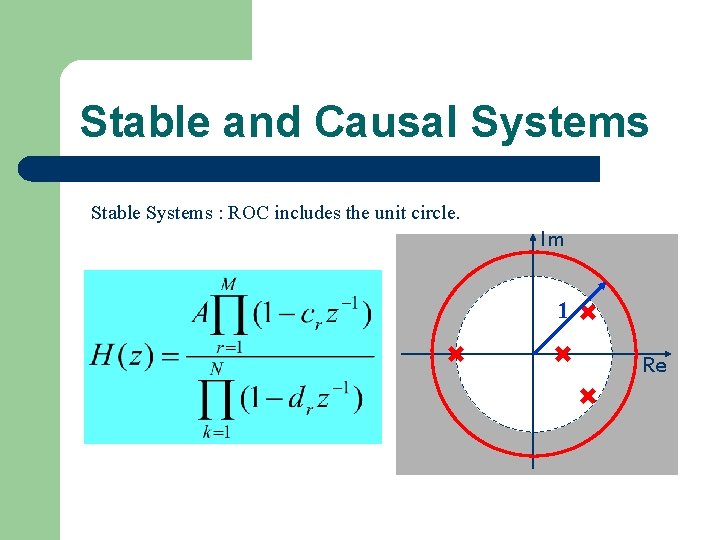 Stable and Causal Systems Stable Systems : ROC includes the unit circle. Im 1