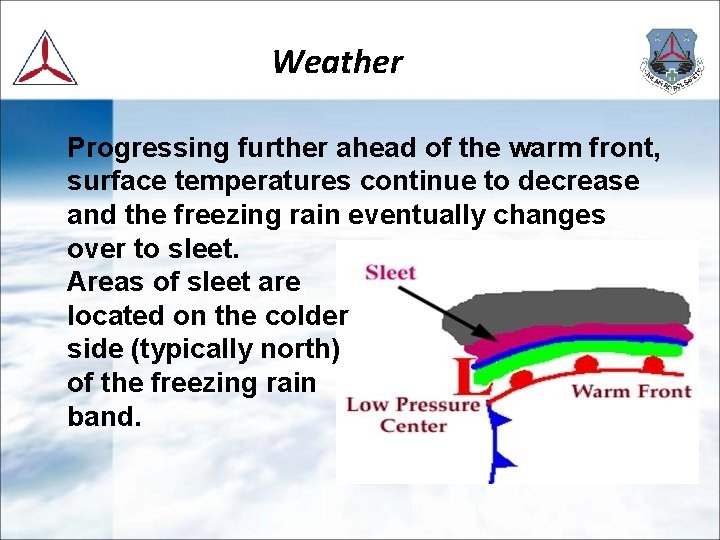 Weather Progressing further ahead of the warm front, surface temperatures continue to decrease and