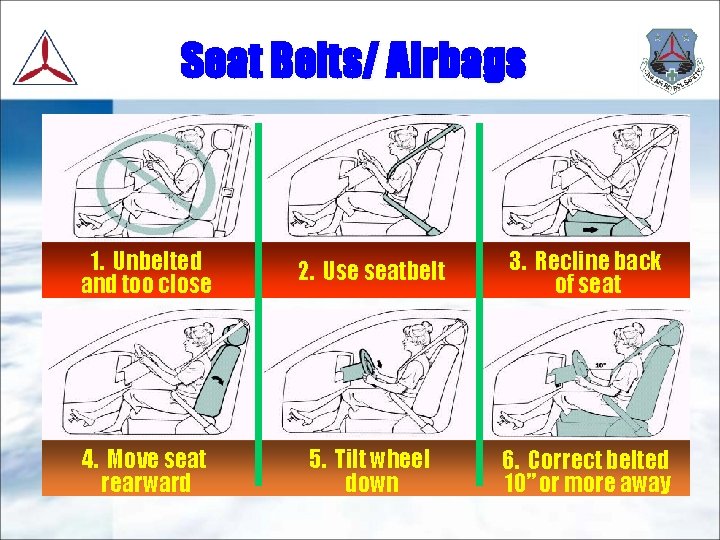 Seat Belts/ Airbags 1. Unbelted and too close 2. Use seatbelt 3. Recline back