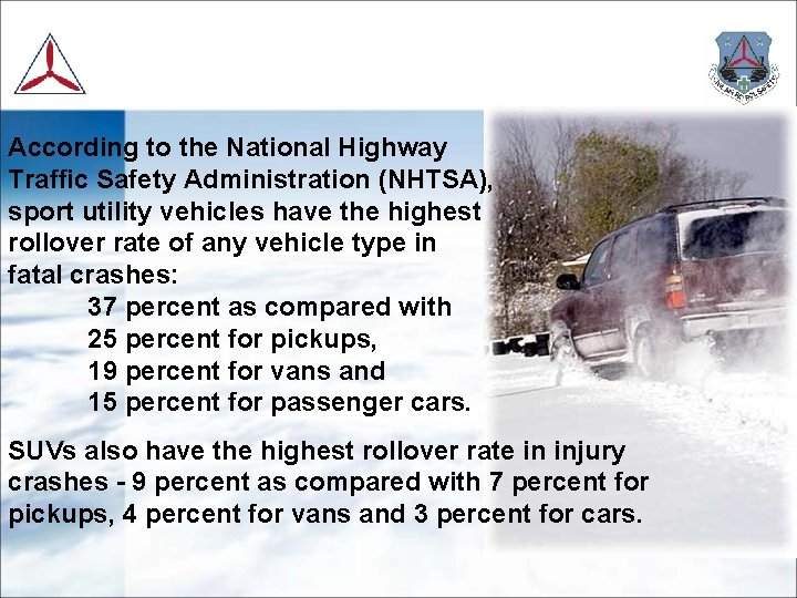 According to the National Highway Traffic Safety Administration (NHTSA), sport utility vehicles have the