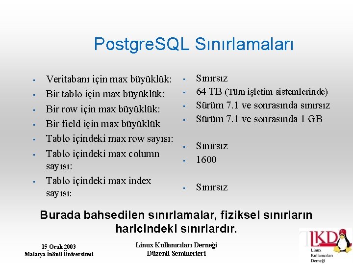 Postgre. SQL Sınırlamaları • • Veritabanı için max büyüklük: Bir tablo için max büyüklük: