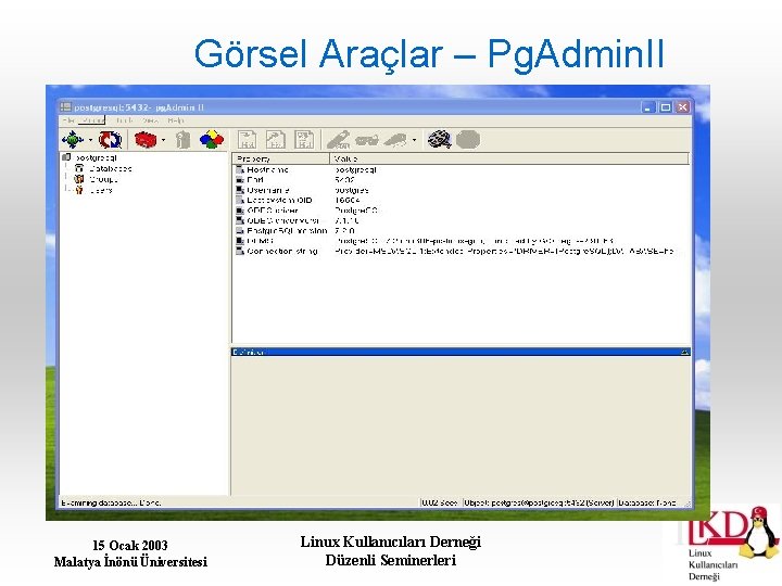 Görsel Araçlar – Pg. Admin. II 15 Ocak 2003 Malatya İnönü Üniversitesi Linux Kullanıcıları