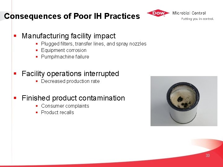 Consequences of Poor IH Practices § Manufacturing facility impact § Plugged filters, transfer lines,