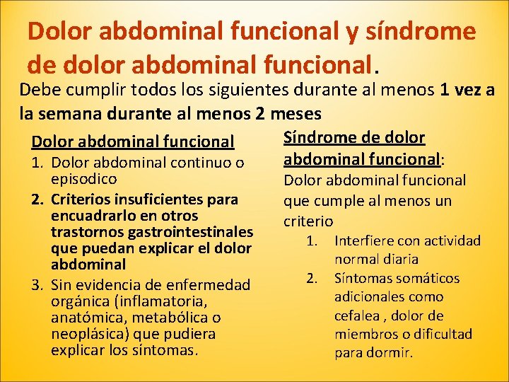 Dolor abdominal funcional y síndrome de dolor abdominal funcional. Debe cumplir todos los siguientes