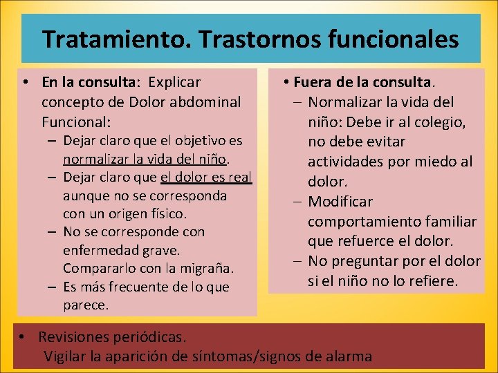 Tratamiento. Trastornos funcionales • En la consulta: Explicar concepto de Dolor abdominal Funcional: –
