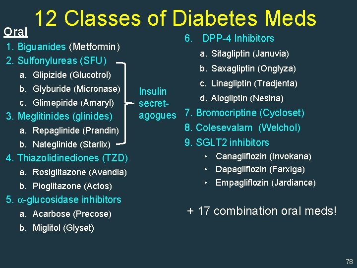 12 Classes of Diabetes Meds Oral 1. Biguanides (Metformin) 2. Sulfonylureas (SFU) a. Glipizide