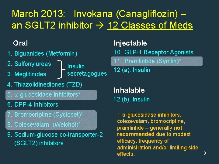 March 2013: Invokana (Canagliflozin) – an SGLT 2 inhibitor 12 Classes of Meds Oral