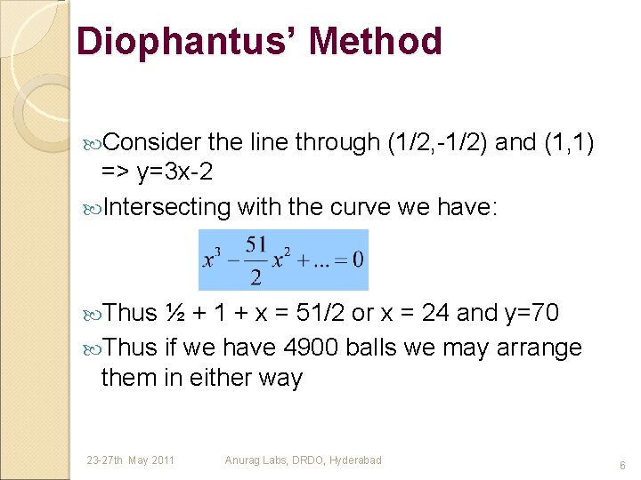 Diophantus’ Method Consider the line through (1/2, -1/2) and (1, 1) => y=3 x-2