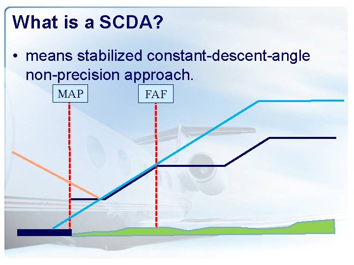 What is a SCDA? • means stabilized constant-descent-angle non-precision approach. MAP FAF 