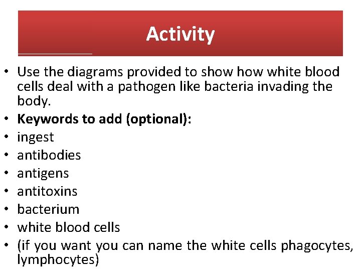 Activity • Use the diagrams provided to show white blood cells deal with a