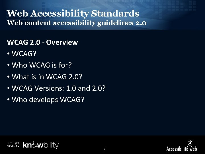 Web Accessibility Standards Web content accessibility guidelines 2. 0 WCAG 2. 0 - Overview