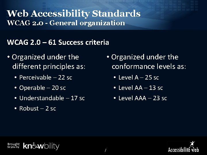Web Accessibility Standards WCAG 2. 0 - General organization WCAG 2. 0 – 61