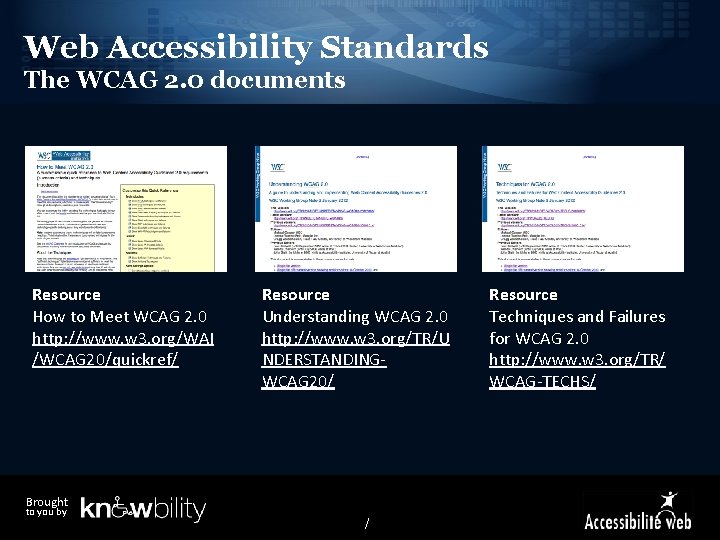 Web Accessibility Standards The WCAG 2. 0 documents Resource How to Meet WCAG 2.