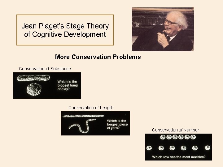 Jean Piaget’s Stage Theory of Cognitive Development More Conservation Problems Conservation of Substance Conservation