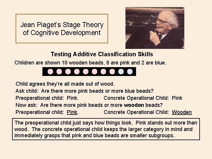 Jean Piaget’s Stage Theory of Cognitive Development Testing Additive Classification Skills Children are shown
