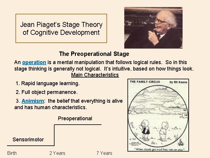 Jean Piaget’s Stage Theory of Cognitive Development The Preoperational Stage An operation is a